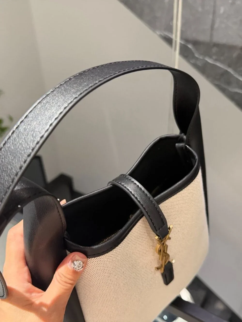 Saint Laurent Two-Tone Canvas Black Leather Hobo Bucket Bag